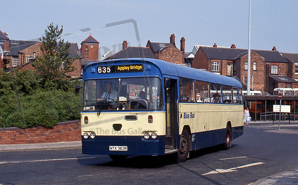 Blue Bus NTX363R at Wigan 5/92